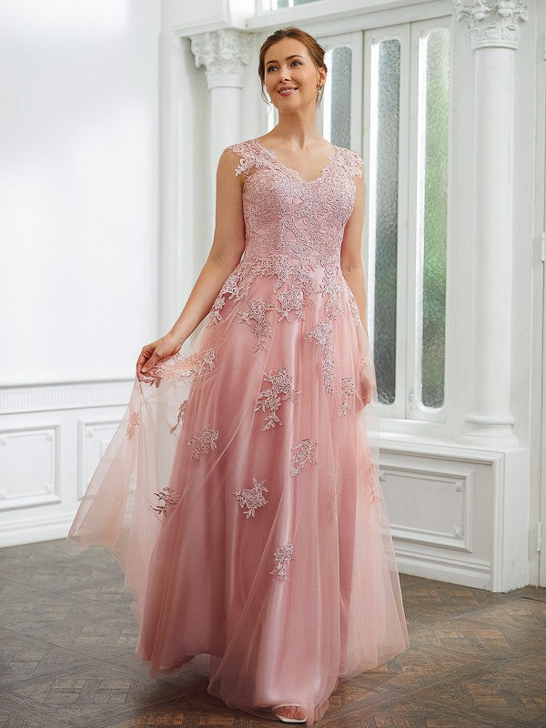 Jocelynn A-Line/Princess Tulle Applique V-neck Sleeveless Floor-Length Dresses DEP0020264