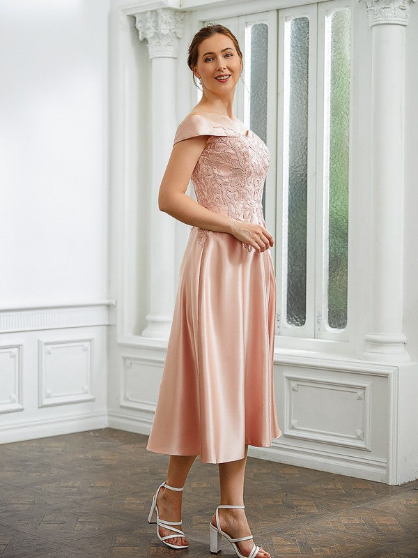 Milagros A-Line/Princess Satin Applique Off-the-Shoulder Sleeveless Tea-Length Mother of the Bride Dresses DEP0020255