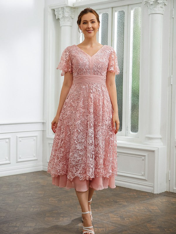 Adrienne A-Line/Princess Chiffon Applique V-neck Short Sleeves Tea-Length Dresses DEP0020244