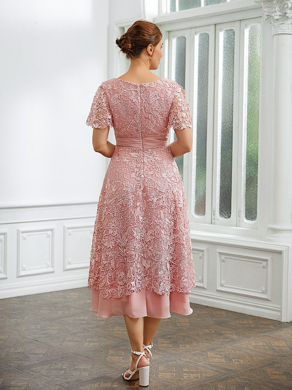 Adrienne A-Line/Princess Chiffon Applique V-neck Short Sleeves Tea-Length Dresses DEP0020244