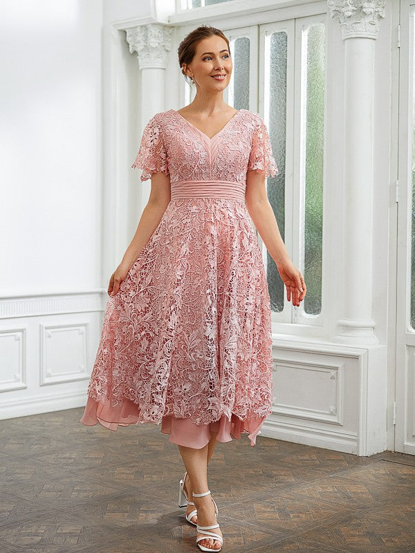 Adrienne A-Line/Princess Chiffon Applique V-neck Short Sleeves Tea-Length Dresses DEP0020244