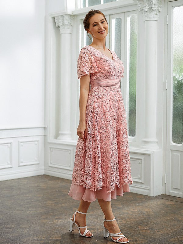 Adrienne A-Line/Princess Chiffon Applique V-neck Short Sleeves Tea-Length Dresses DEP0020244