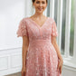 Adrienne A-Line/Princess Chiffon Applique V-neck Short Sleeves Tea-Length Dresses DEP0020244