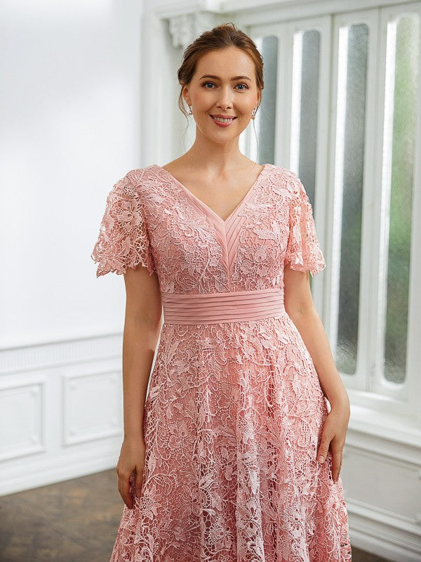 Adrienne A-Line/Princess Chiffon Applique V-neck Short Sleeves Tea-Length Dresses DEP0020244