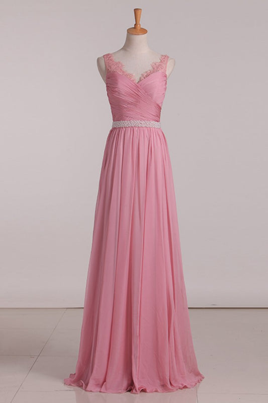 Bridesmaid Dresses A Line V Neck Beaded Waistline Chiffon With Ruffles