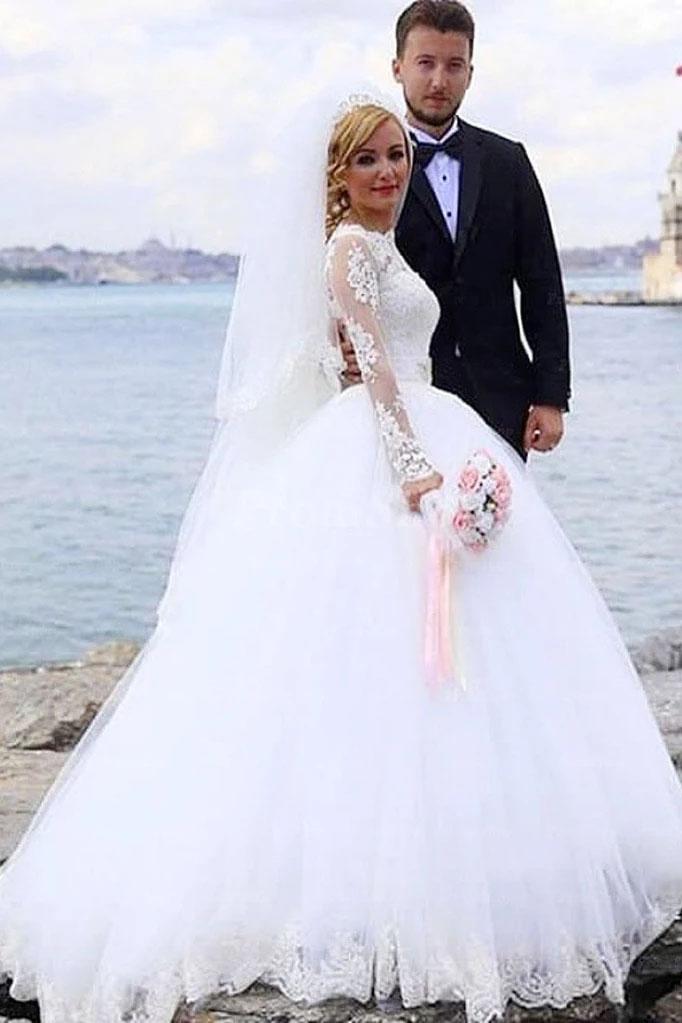 Elegant Ball Gown Lace Long Sleeve Wedding Dresses with Appliques, Tulle White Bridal Dress SRS15156