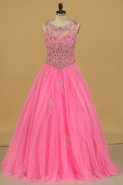 2024 Tulle Scoop Open Back Quinceanera Dresses With Beading Lace Up