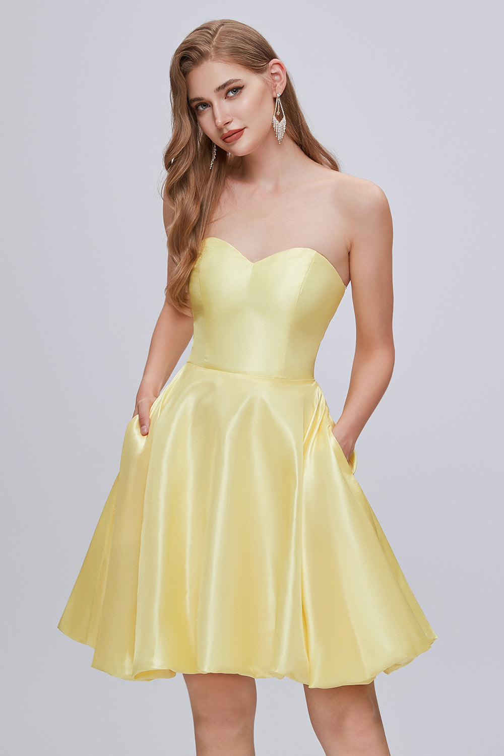 Simple Yellow Strapless A Line Short Homecoming Dresses With Pockets