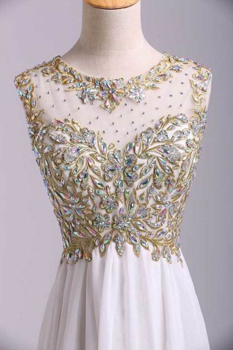 Scoop Neckline Off The Shoulder Prom Dresses White Floor Length Chiffon With Gold Embroidery
