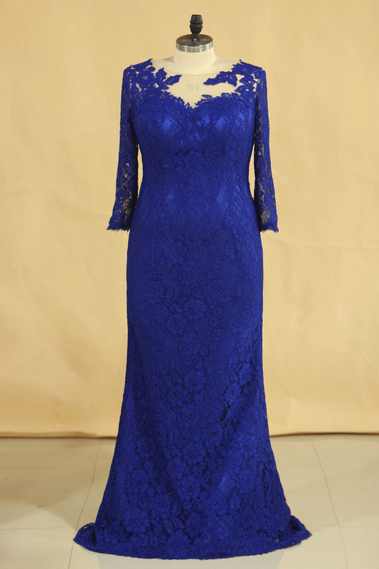 Plus Size Mother Of The Bride Dresses Scoop 3/4 Length Sleeve Lace With Applique Dark Royal Blue