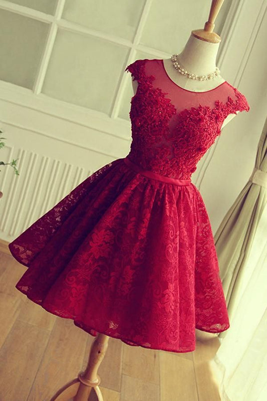 Red Lace Short Modest Appliques Sleeveless Open Back Pretty Homecoming Dresses