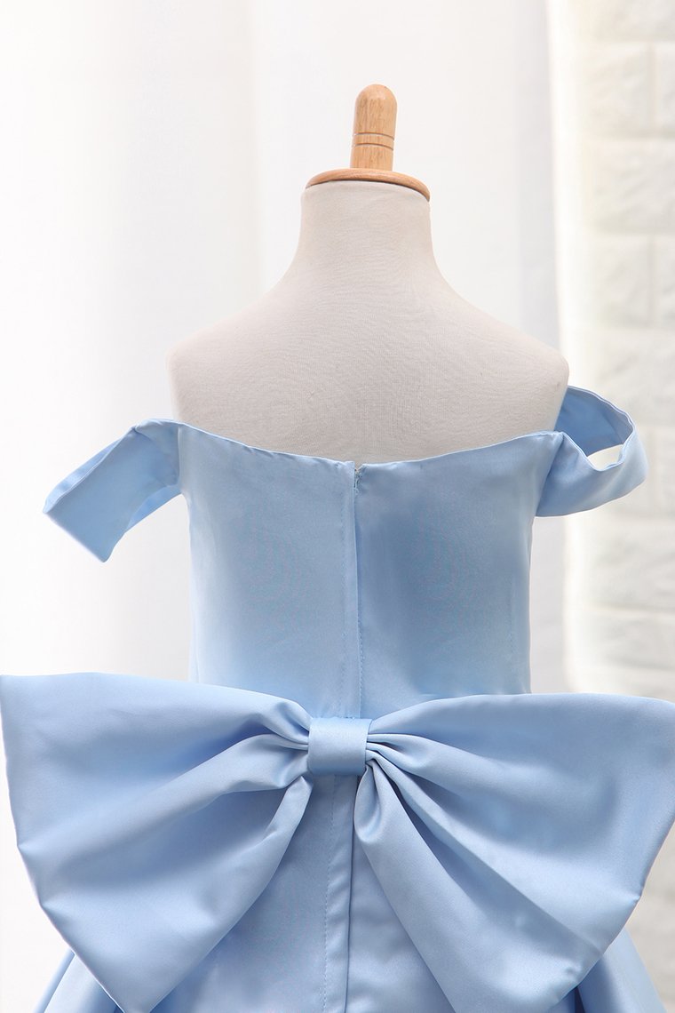 Satin A Line Off The Shoulder Asymmetrical Flower Girl Dresses With Bow Knot