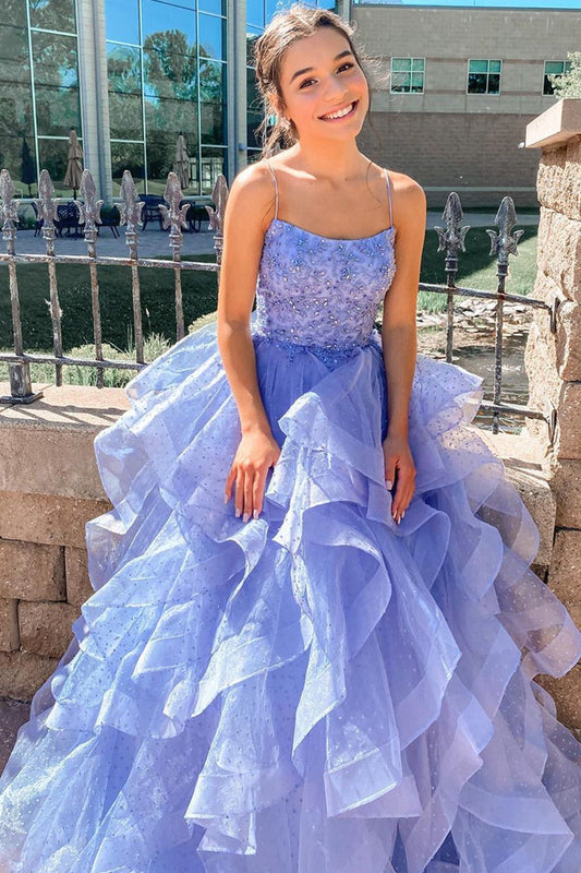 Evening Party Dresses A Line Lavender Long Prom Dresses with Cascading Ruffles