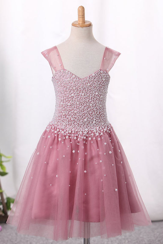 Straps Flower Girl Dresses A Line Tulle With Pearls