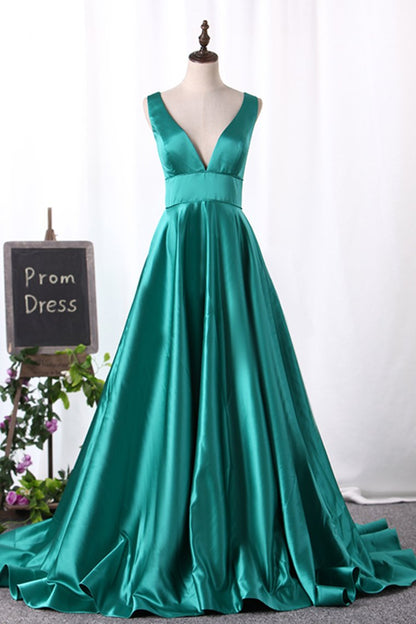 2024 A Line Evening Dresses V Neck Satin Sweep Train Open Back