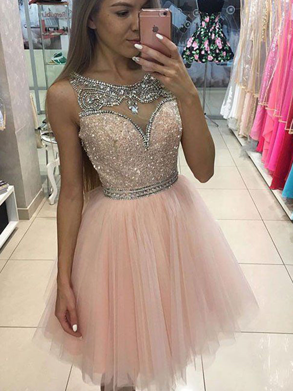 2024 Mila Homecoming Dresses A-Line Scoop Bateau Sleeveless Sequins Beading Tulle Short/Mini