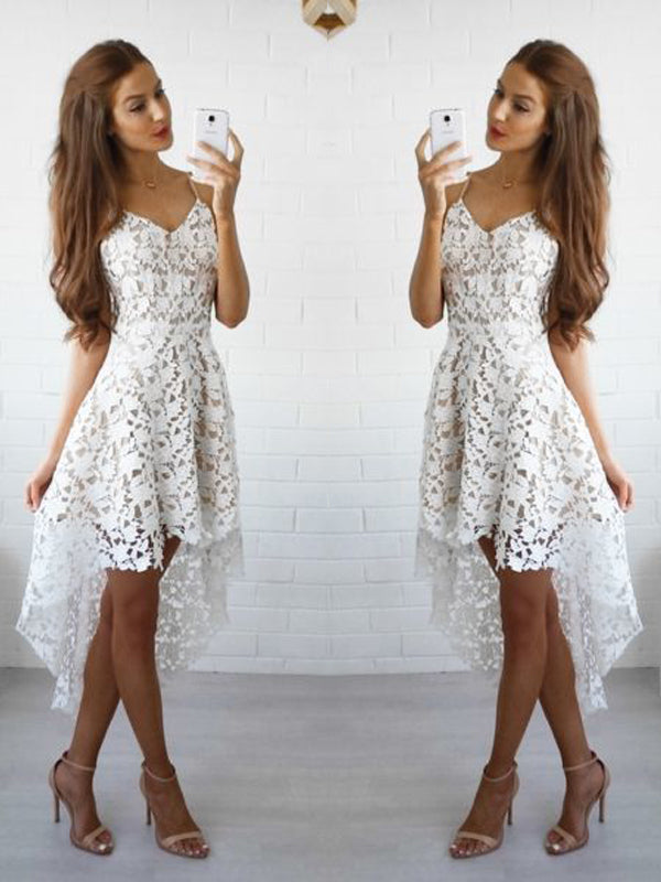 2024 A-Line Spaghetti Lace Homecoming Dresses Jenny Straps V Neck Sleeveless High Low Short/Mini