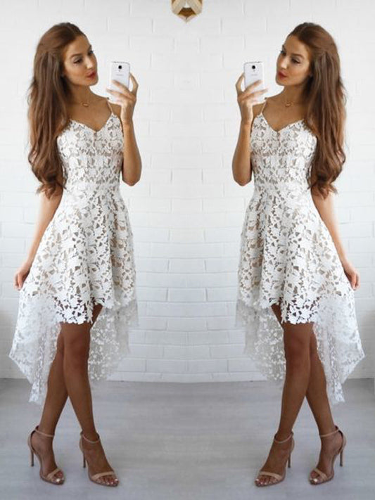 2024 A-Line Spaghetti Lace Homecoming Dresses Jenny Straps V Neck Sleeveless High Low Short/Mini