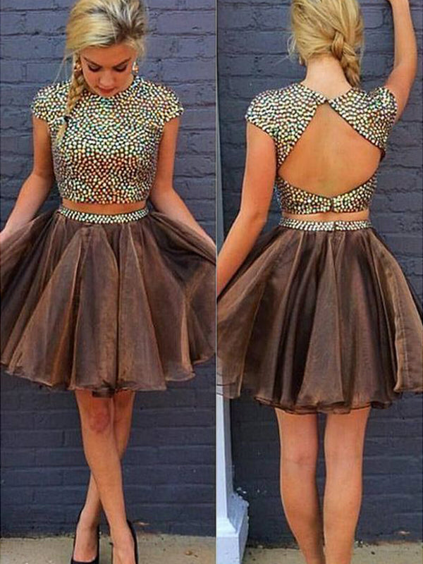 2024 A-Line Two Piece Jewel Homecoming Dresses Averi Neck Short Sleeve Beading Back Cut Out Organza Short/Mini