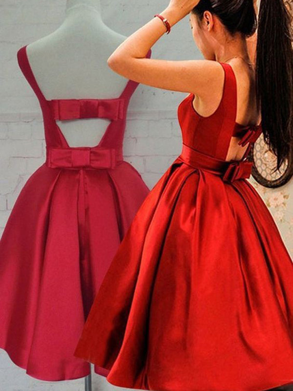 2024 A-Line Scoop Neck Satin Homecoming Dresses Parker Sleeveless Ruched Bowknot Back Cut Out Tea-Length