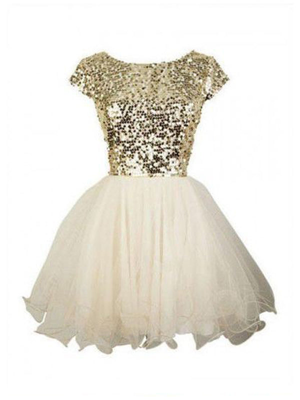 2024 Ball Gown Scoop Neck Short Sleeve Sequin Organza Homecoming Dresses Sydnee Cut Short/Mini