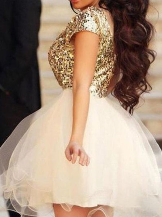 2024 Ball Gown Scoop Neck Short Sleeve Sequin Organza Homecoming Dresses Sydnee Cut Short/Mini