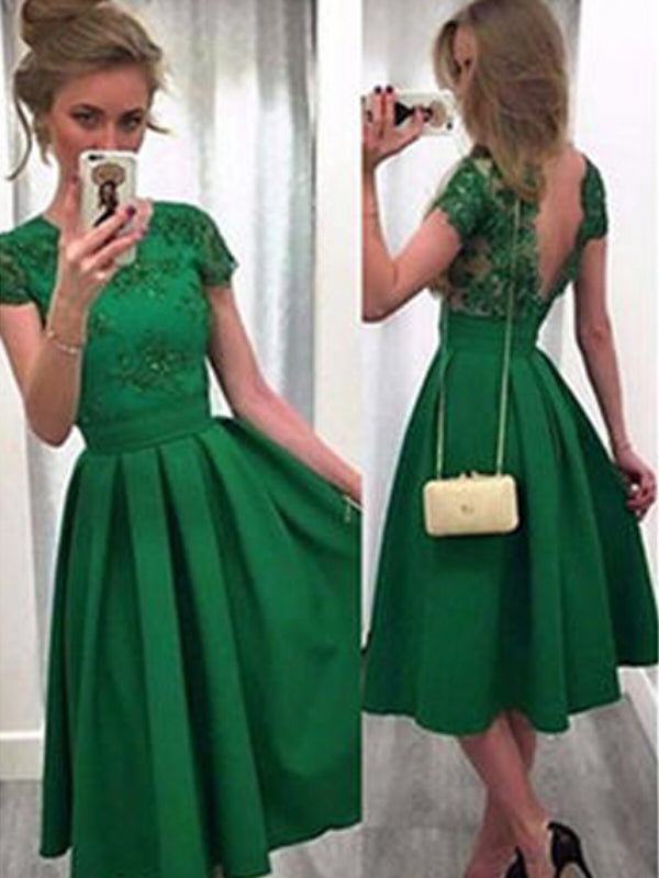 2024 A-Line Scoop Neck Short Sleeve Homecoming Dresses Satin Izabella Lace V Back Tea-Length