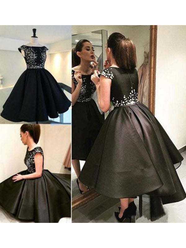 2024 Ball Satin Homecoming Dresses Haylie Gown Scoop Neck Cap Sleeve Beaded High Low Tea-Length