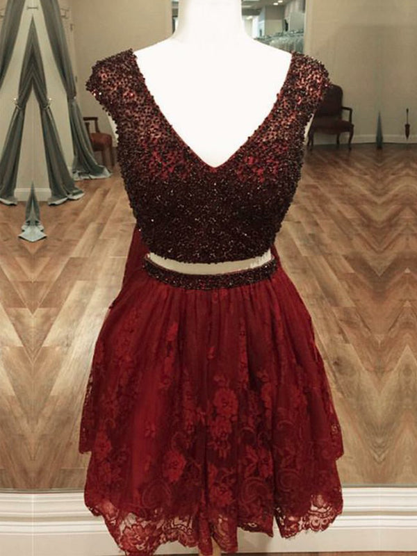 2024 A-Line V Neck Cap Sleeve Two Piece Homecoming Dresses Mareli Lace Beading Cut Short/Mini