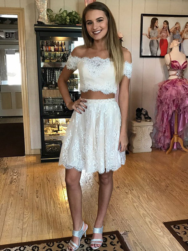 2024 A-Line Two Piece Off-The-Shoulder Applique Lace Homecoming Dresses Anahi Cut Short/Mini