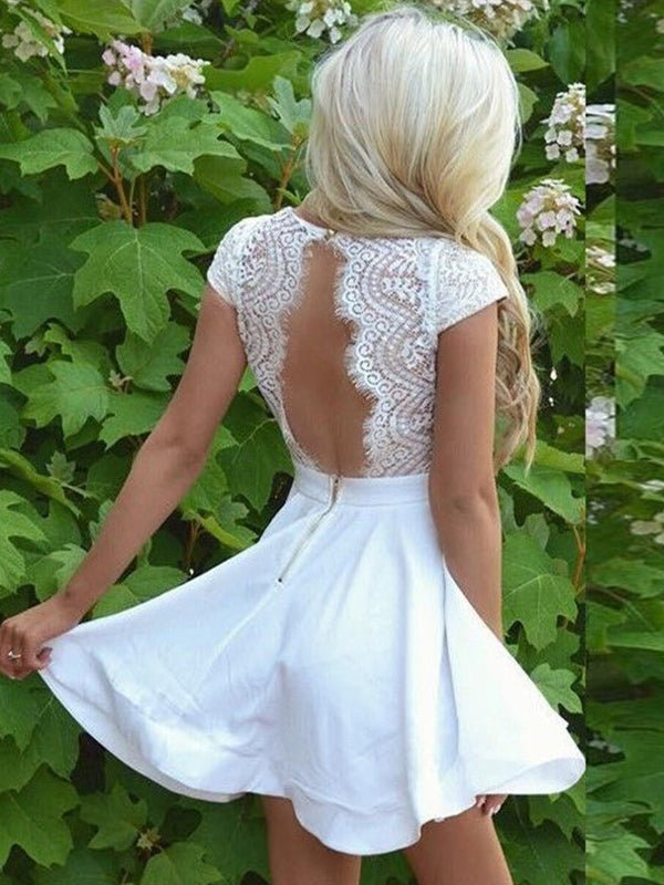 2024 A-Line V Neck Cap Homecoming Dresses Ainsley Lace Sleeve Cut Out Back Cut Short/Mini