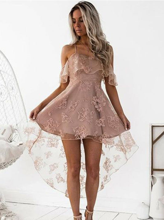 2024 A-Line Hailie Homecoming Dresses Lace Straps Criss Cross Off-The-Shoulder High Low Cut Short/Mini