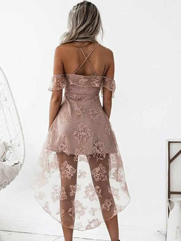 2024 A-Line Hailie Homecoming Dresses Lace Straps Criss Cross Off-The-Shoulder High Low Cut Short/Mini