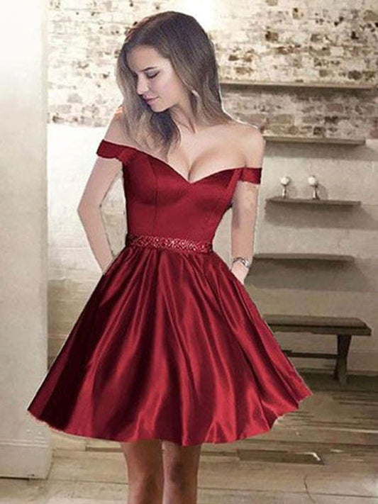 2024 Jolie Satin Homecoming Dresses A-Line Sweetheart Off-The-Shoulder Beading Cut Short/Mini