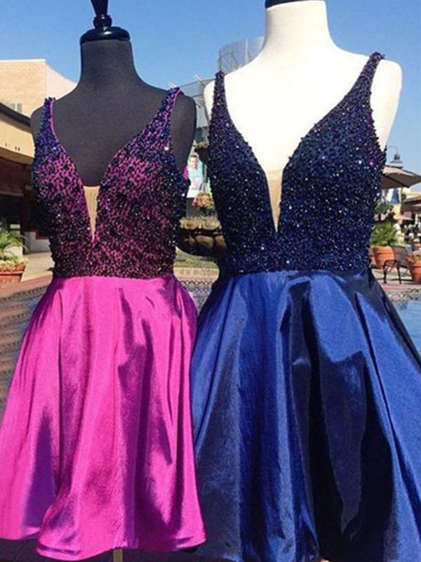 2024 A-Line Homecoming Dresses Kinsley Satin V Neck Sleeveless Beading Cut Short/Mini