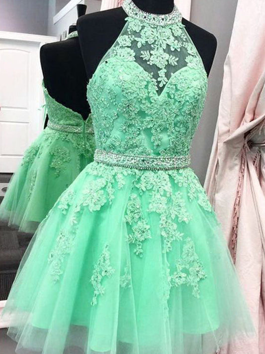 2024 Ball Gown Halter Sleeveless Homecoming Dresses Carlee Applique Beaded Tulle Cut Short/Mini