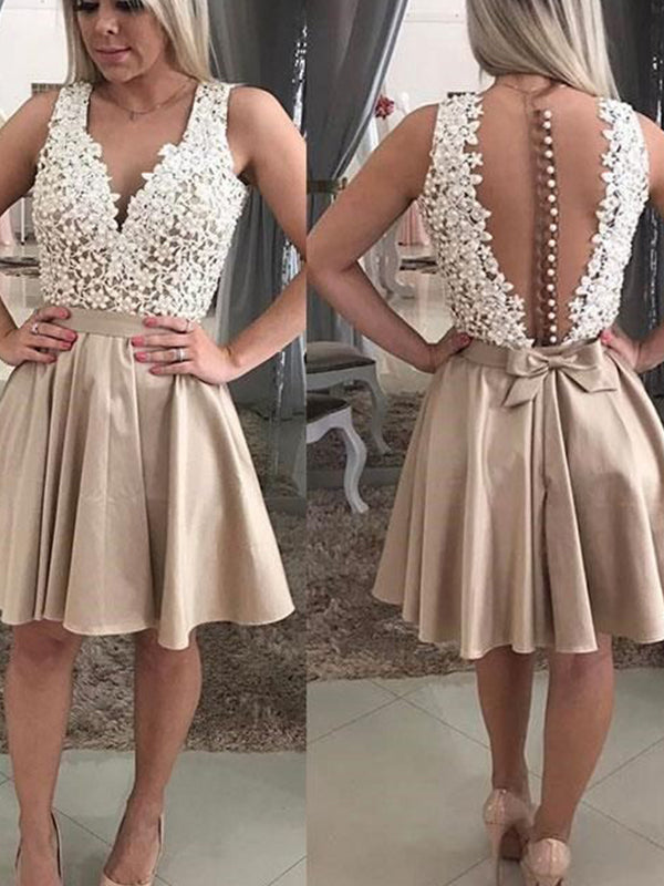 2024 A-Line V Lacey Homecoming Dresses Neck Sleeveless Applique Botton Bowknot Cut Short/Mini