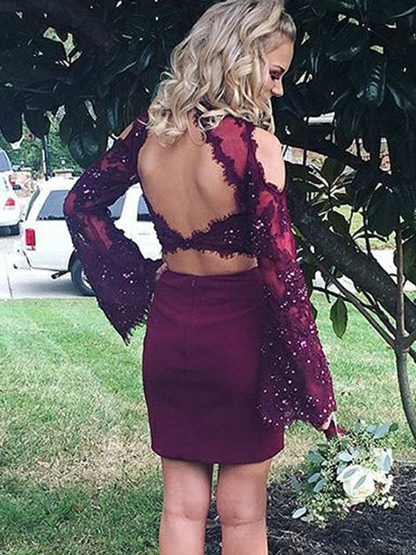 2024 Sheath/Column Halter Long Sleeve Homecoming Dresses Brooklyn Cut Out Back Applique Beading Two Piece Cut Short/Mini