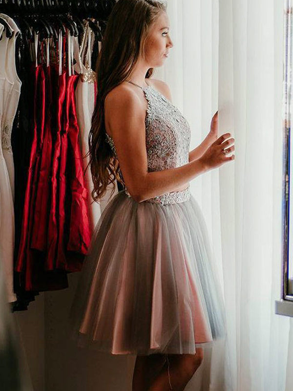 2024 Trudie Homecoming Dresses Ball Gown Two Piece Halter Sleeveless Applique Tulle Knee-Length