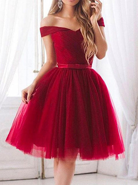 2024 Ball Gown Off-The-Shoulder Ruching Bowknot Tulle Homecoming Dresses Grace Knee-Length