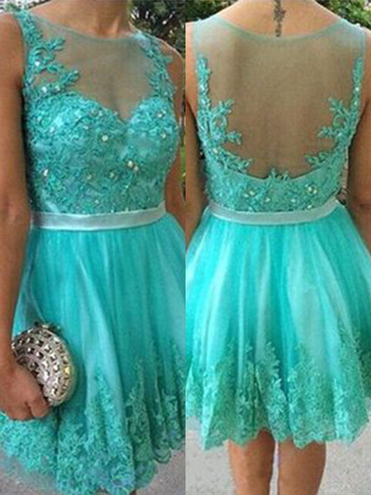 2024 A-Line Scoop Neck Sleeveless Applique Beading Tulle Homecoming Dresses Karina Cut Short/Mini