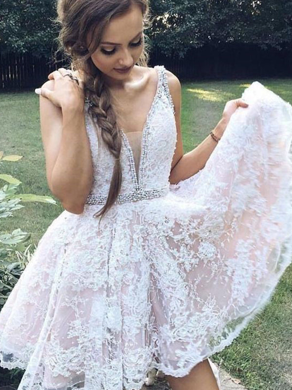 2024 A-Line V Neck Sleeveless Applique Beading Cut Jayden Homecoming Dresses Short/Mini