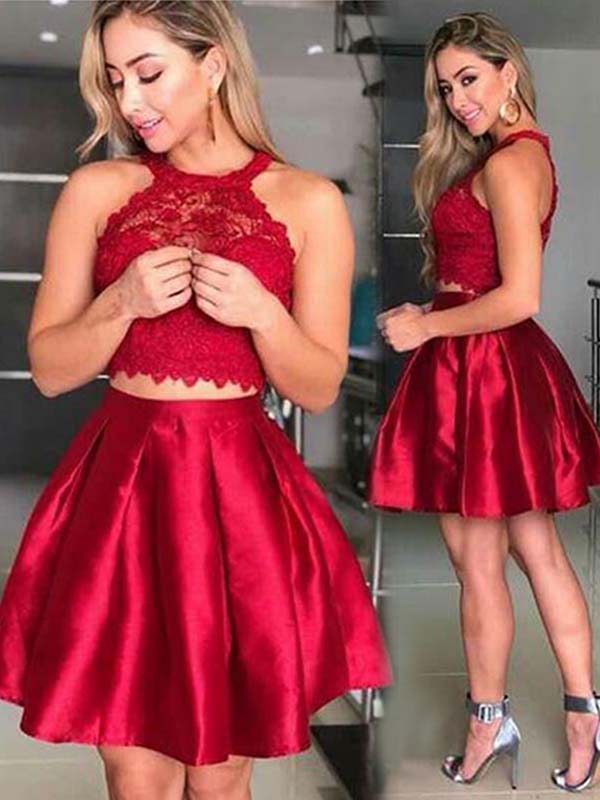 2024 Homecoming Dresses Lace Satin Toni A-Line Halter Sleeveless Pleated Cut Short/Mini