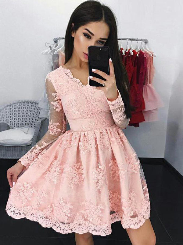 2024 A-Line V Neck Long Sleeve Applique Pleated Homecoming Dresses Leila Lace Cut Short/Mini