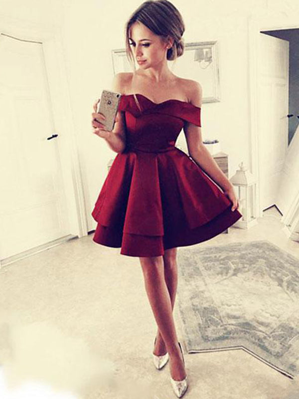 Thea Homecoming Dresses 2024 Burgundy Cut Shorts Layers Off-The-Shoulder Sweetheart Mini A-Line