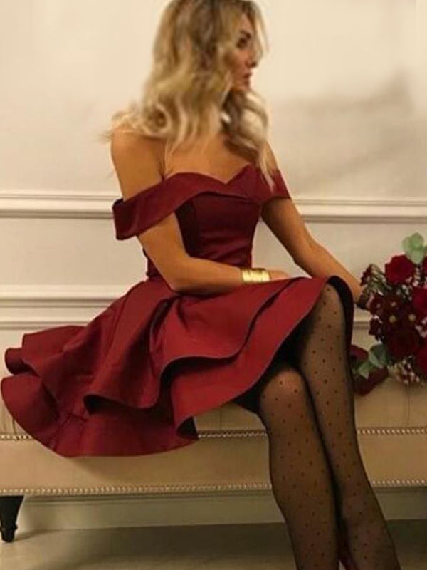 Thea Homecoming Dresses 2024 Burgundy Cut Shorts Layers Off-The-Shoulder Sweetheart Mini A-Line