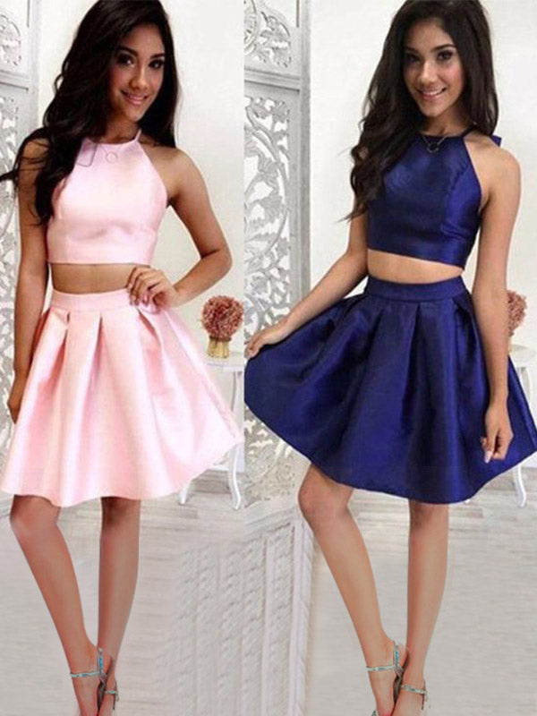 Two Piece Halter Sleeveless Homecoming Dresses Satin Mayra Pleated Cut Short/Mini