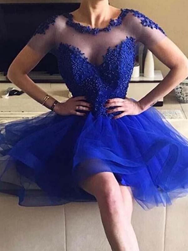 Ball Gown High Low Tiers Applique Royal Blue Homecoming Dresses Kathy Beading Scoop Neck Organza