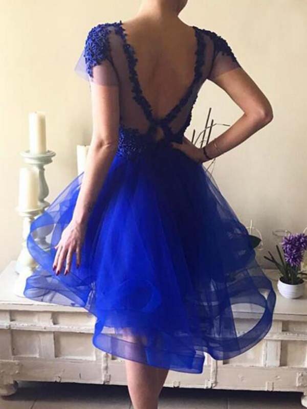 Ball Gown High Low Tiers Applique Royal Blue Homecoming Dresses Kathy Beading Scoop Neck Organza