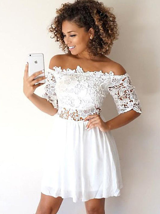 Homecoming Dresses Lace Areli White Off-The-Shoulder Half Sleeve Cut Shorts Mini